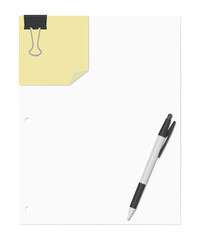 ダブルクリップでまとめられたメモ用紙とルーズリーフ、ボールペンのセット、無地