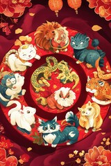 Obraz premium A colorful Chinese New Year card with cartoon zodiac animals in a circle, representing harmony and unity