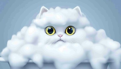 Obraz premium A fluffy white cat peeks out from a mound of bubbles, showcasing its large, expressive yellow eyes against a soft blue background.