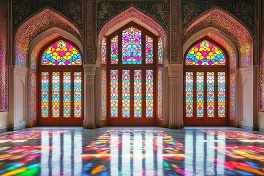 A large room with three stained glass windows. The windows are colorful and the room is very bright
