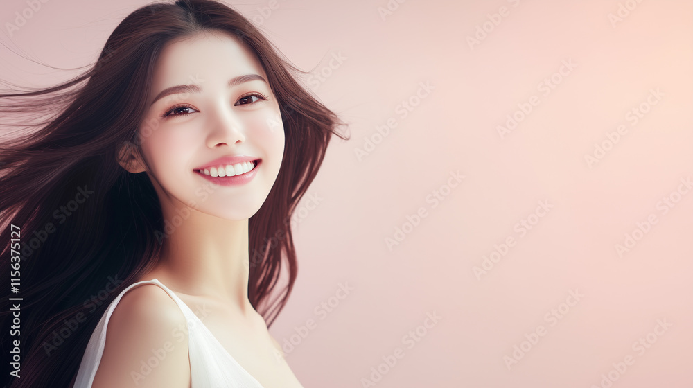 Poster 笑顔のかわいいアジア人女性モデルの美容ポートレート。ピンク色でかわいい雰囲気の画像。
