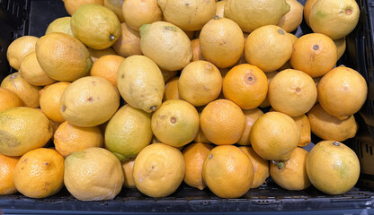 Fresh lemons on display in a grocery store