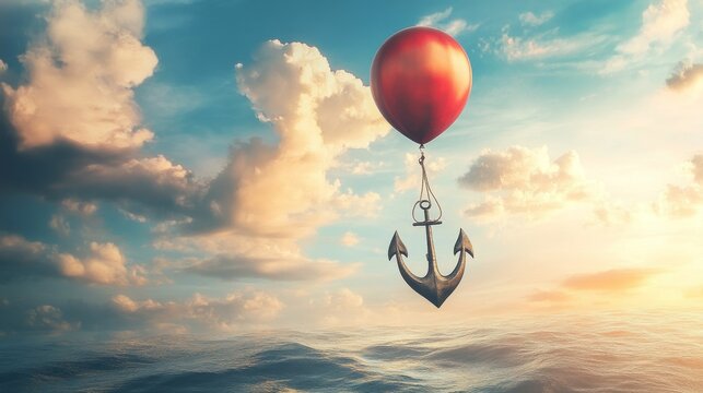 A red balloon with a chain attached to it is floating in the sky above the ocean. The scene is serene and peaceful, with the balloon and anchor representing freedom and stability