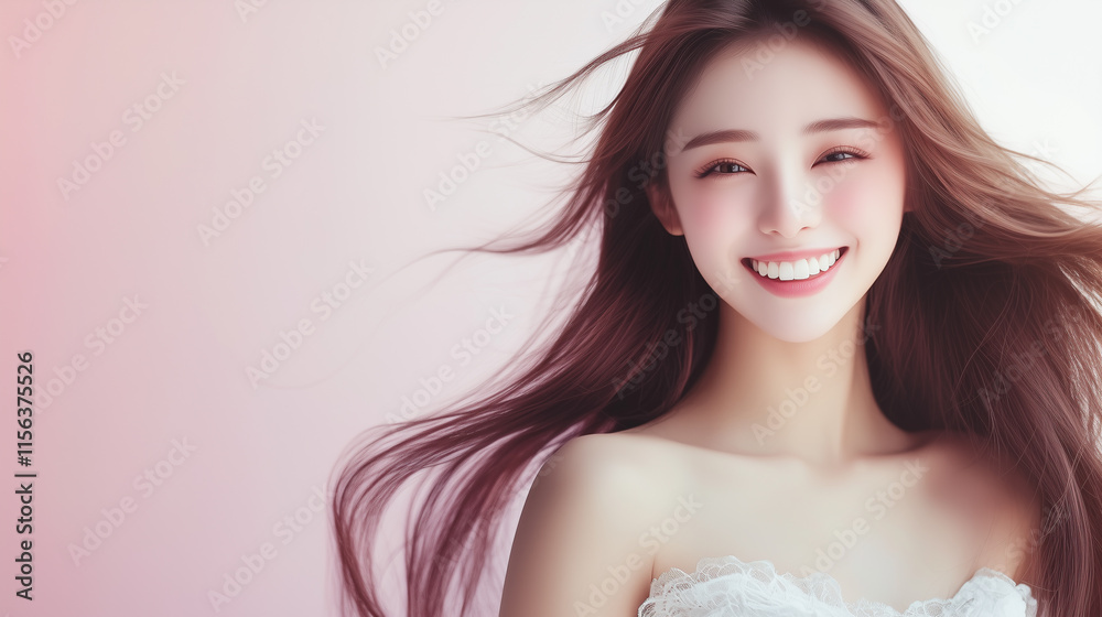 Poster 笑顔のかわいいアジア人女性モデルの美容ポートレート。ヘアケアや美肌のイメージショット。