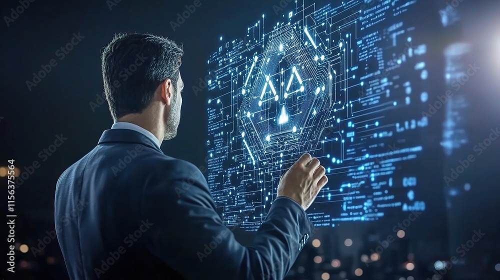 Poster businessman analyzing data in ai and data science concept visualization