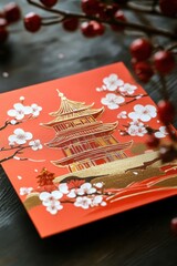 A folded card showcasing a golden pagoda and cherry blossom illustrations, exuding an elegant and serene vibe