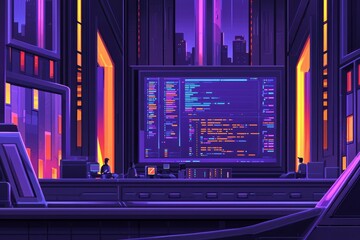 Fototapeta premium Futuristic Office with Neon Lighting and Coding Display at Night