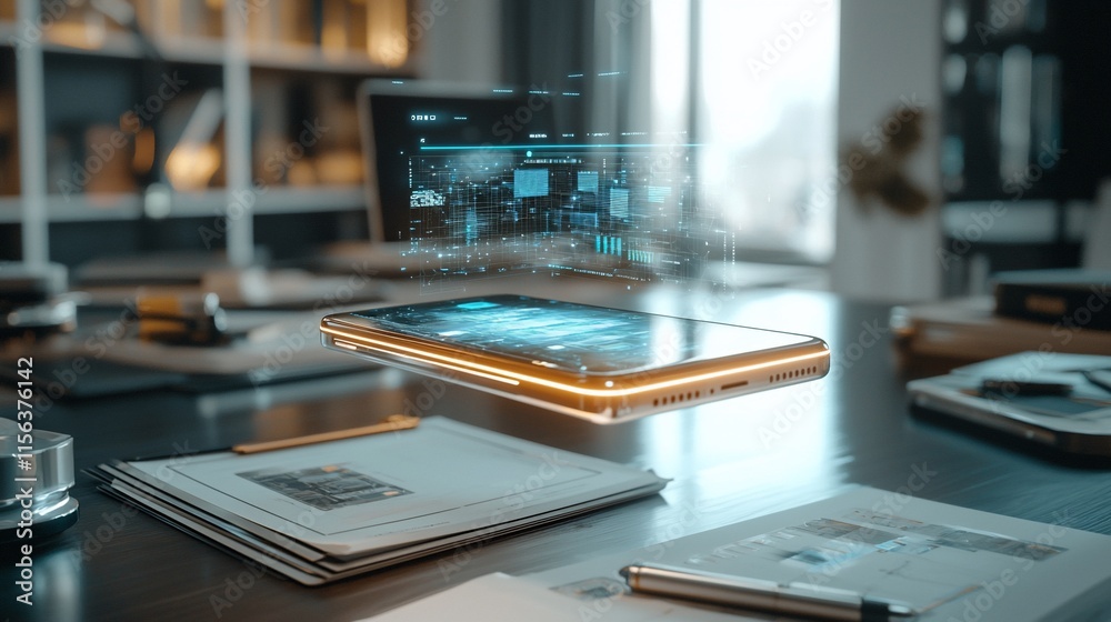 Poster futuristic smartphone levitating above desk displaying digital data.