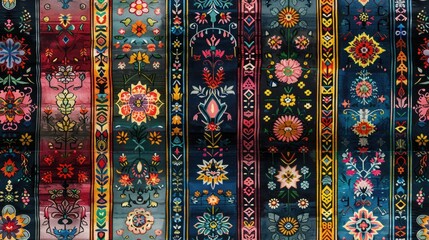 A vibrant textile pattern showcasing intricate floral designs in various colors.