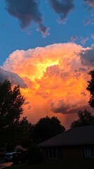 Fototapeta premium A large orange cloud in the sky. The sky is blue and the sun is setting. Trees are in the background