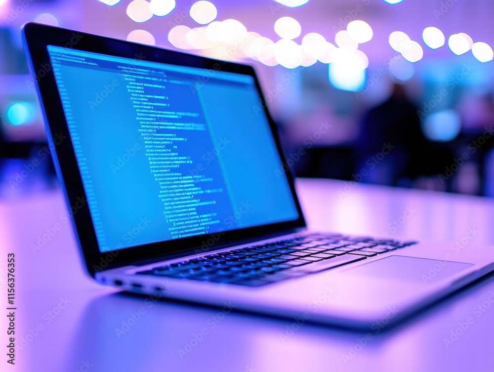 Poster modern laptop displaying computer code in a stylish environment