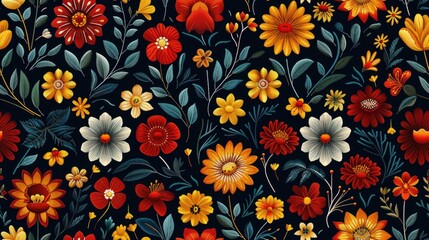 A vibrant floral pattern featuring various colorful flowers on a dark background.