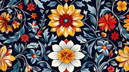 A vibrant floral pattern featuring colorful flowers and leaves on a dark background.