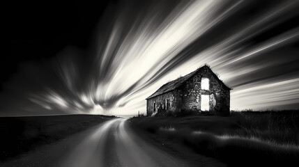 The ancient stone home stands resolute, its driveway swallowed by the silken dance of light in a long exposure. Silken. Illustration