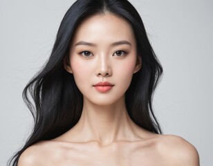 Naklejka premium Portrait of a beautiful young Asian woman with fresh clean skin and long thick black hair
