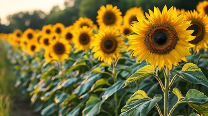 Fototapeta premium Vibrant Sunflowers Field Summer Blooms Golden Yellow Flowers Agriculture Nature Photography