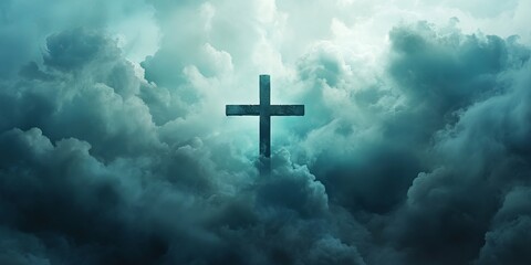 A cross is shown in the sky above a stormy cloud. Concept of hope and faith in the midst of a turbulent and uncertain time