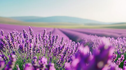 Obraz premium Pastel floral concept. Vibrant lavender field under a clear blue sky in a tranquil landscape.