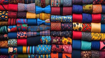 A colorful display of silk bow ties and neckties, each arranged by pattern and color
