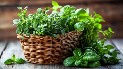 Fototapeta premium Fresh Herbs in a Basket on Wooden Table