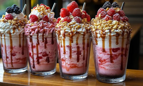 Four colorful milkshakes topped with berries and nuts.
