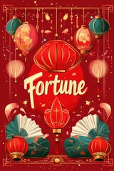 A vibrant red card with golden Chinese characters for "Fortune" and illustrations of lanterns and firecrackers