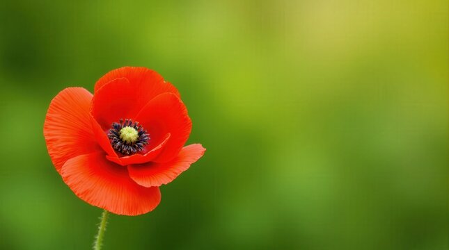 A striking red poppy flower in a soft green field, representing remembrance, ideal for commemorations or nature art.