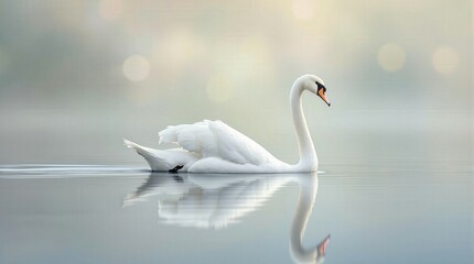 Obraz premium A graceful white swan gliding on still water with a soft reflection, perfect for romantic or tranquil designs.