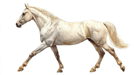 A realistic illustration of a white horse in a trotting pose.