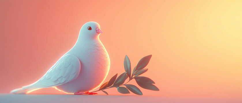 Serene White Dove with Olive Branch at Sunset.