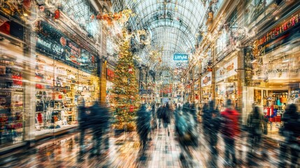 Busy Holiday Market with Vibrant Decorations and Shimmering Lights