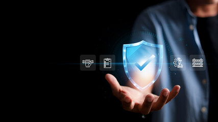 Safety first. Work safety and compliance concepts. with virtual icons representing work safety, compliance, and security.