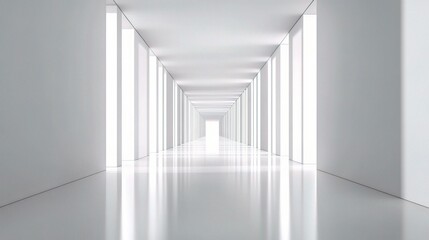 Sleek Modern Office Corridor with Long Views and Bright Lighting