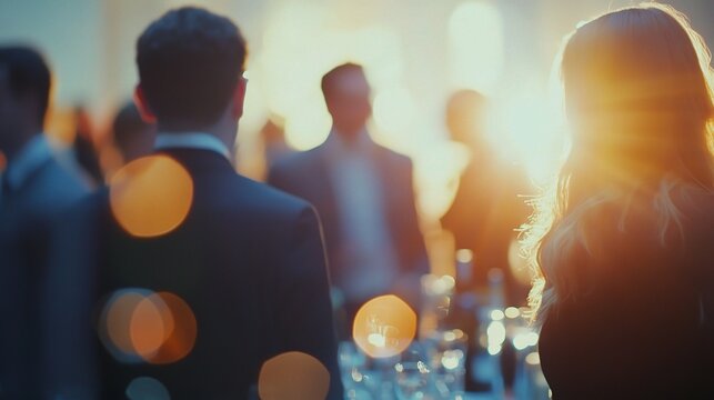 Blurred Corporate Event Reception with Attendees in Soft Lighting