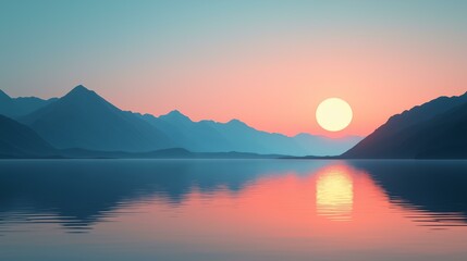 Fototapeta premium Serene sunset over mountains, reflecting in calm water, symbolizing the serenity and clarity of New Year's resolutions.