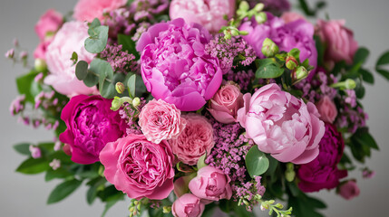 Fototapeta premium Fresh Pink Peonies and Roses in Bloom with Copy Space Perfect for Romantic Floral Photography