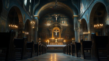 church interior with focus on large stained glass windows that emit colorful light into the room, classic stone walls with natural texture, Ai generated images