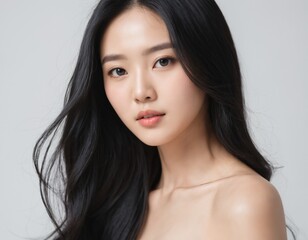 Obraz premium Portrait of a beautiful young Asian woman with fresh clean skin and long thick black hair