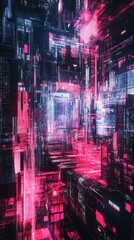 Obraz premium A vibrant digital cityscape featuring neon lights and abstract geometric patterns, capturing a futuristic cyberpunk aesthetic.