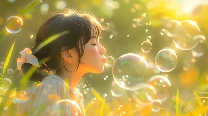 Girl blowing bubbles in sunny field.