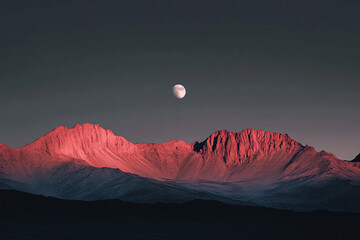 Photograph of a red mountain range with a moon in the dark sky, with light pink and gray hues.
