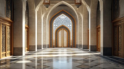 Fototapeta premium Grand hall with ornate doors and intricate designs. Illustrates Islamic architecture, perfect for travel or cultural themes.