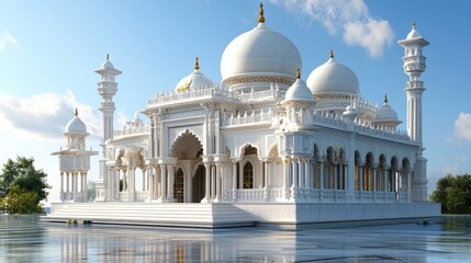 Obraz premium Stunning white marble mosque with intricate details. Perfect for illustrating articles about architecture, religion, or travel.