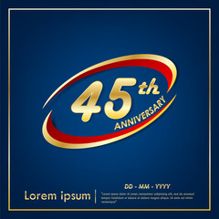 45th years anniversary celebration emblem. elegance anniversary golden logo with red ring on blue background. vector illustration template design for web, flyers, poster, greeting card