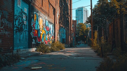 Fototapeta premium Graffiti-covered urban alleyway with overgrown vegetation.