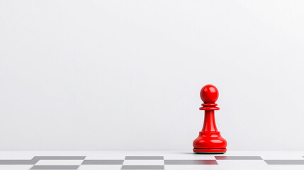 A single red pawn chess piece standing alone on a black and white checkered chessboard against a bright white background.