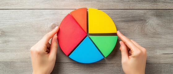 A top-down view of colorful pie charts and graphs on a wooden desk with hands pointing at different sections, representing market segmentation data evaluation.