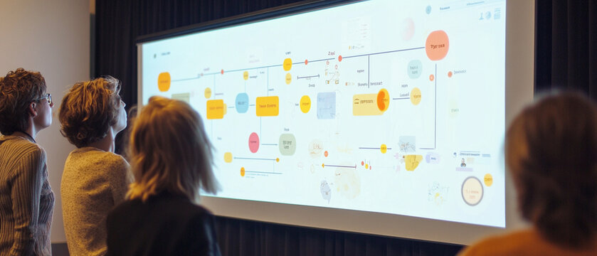 A visual representation of a customer journey map on a large screen during a marketing workshop, emphasizing segmentation for enhanced targeting strategies.