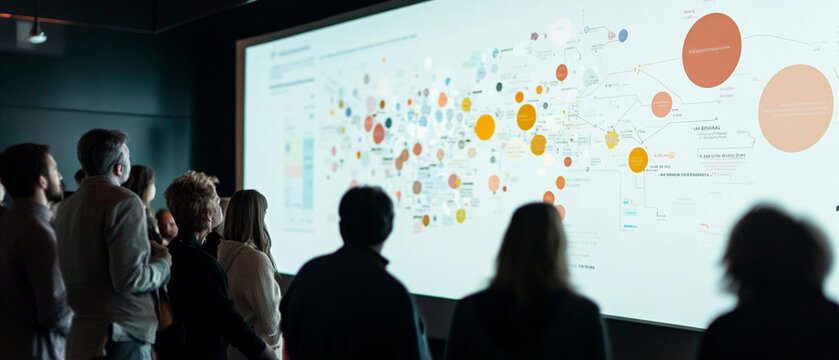 A visual representation of a customer journey map on a large screen during a marketing workshop, emphasizing segmentation for enhanced targeting strategies.