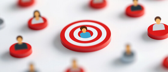 An isolated visual of a single demographic target icon, surrounded by different customer personas on a white background, symbolizing focused market segmentation.